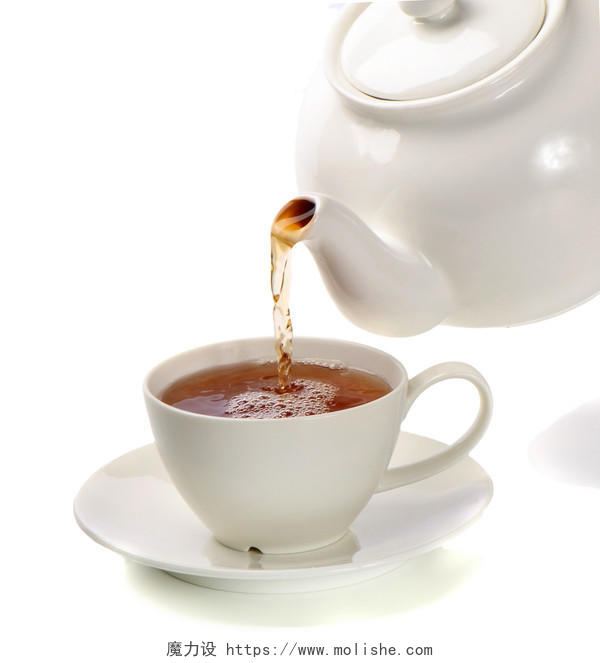 白底茶壶倒茶一杯茶茶水